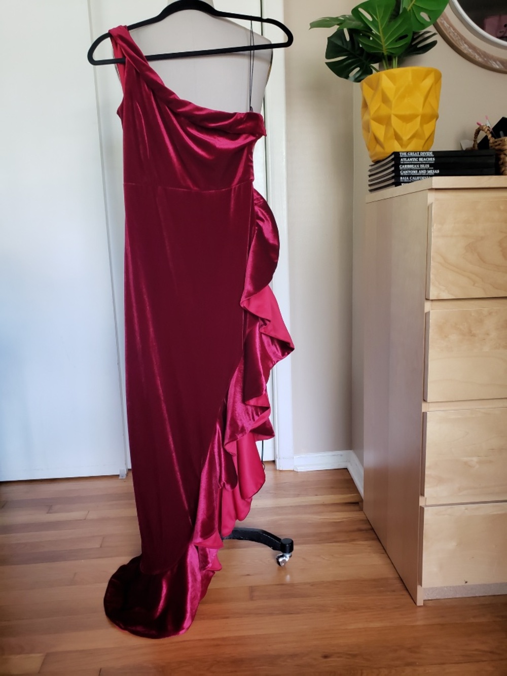 Velvet One Shoulder Ruffle Dress Size Medium - Picture 3 of 10